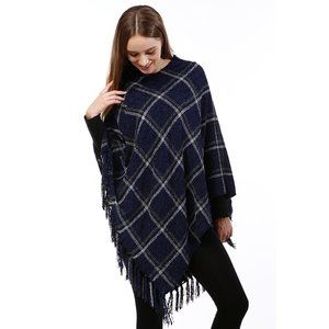 LOF Soft Chenille Plaid Color Cape Fringe Poncho